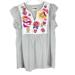 SAVANNA JANE Short Sleeve Floral Embroidered Bohemian Blouse Size Medium